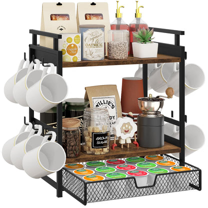 BCOZLUX Coffee Bar Organizer, 3 Tier Coffee Station Organizer for Countertop, Mug Cup Holder Stand with 12 Hooks, with K Cup Storage Drawer, Tea Organizers Accessories for Home Office