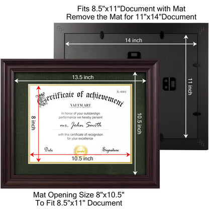 Yaetm 11x14 Diploma Frame, Certificate Frame with Tempered Glass, Display 8.5x11 Document with Dark Green Over Gold Acid-free Mat or 11 x 14 without Mat, Wide Molding (Single, Brown/Green)