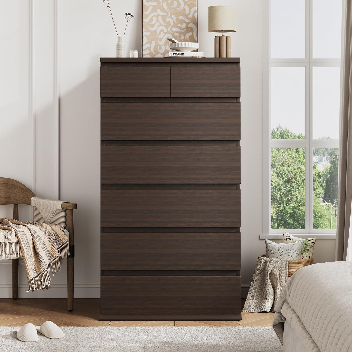 Brown Tall 7 Drawer Dresser for Bedroom, Modern Wood Closet Dressers & Chests of Drawers with Jewelry Storage, 23.6" L*15.8" W*47.5" H in Large Vertical Dresser for Bedroom, Living Room, Nursery