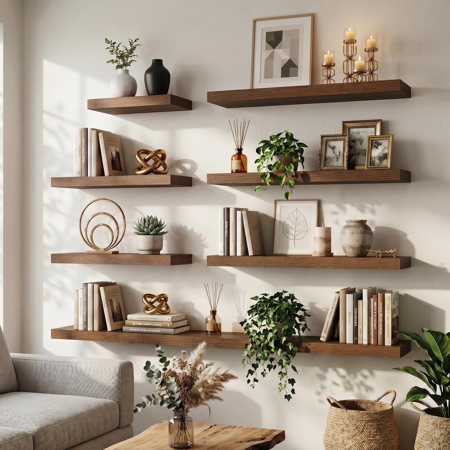 FLYJOE Floating Shelves for Wall, 48 Inch Floating Shelves Set of 2, 8" D Wooden Wall Mounted Display Shelves with Invisible Brackets for Living Room, Bedroom, Bathroom, Kitchen Decor, Walnut