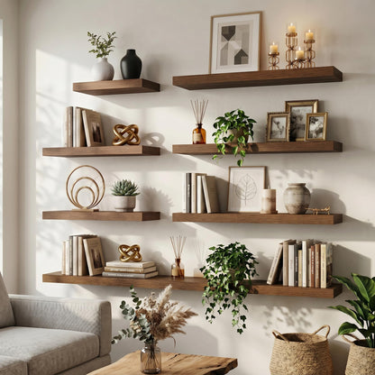 FLYJOE Floating Shelves for Wall, 48 Inch Floating Shelves Set of 2, 8" D Wooden Wall Mounted Display Shelves with Invisible Brackets for Living Room, Bedroom, Bathroom, Kitchen Decor, Walnut