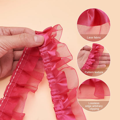 Beadthoven 21.8 Yards Double-Layer Lace Edge Trim Organza Ribbons 1-5/8 Gathered Pleated Ruffle Trim Chiffon Lace Tulle Trimmings Fabric Ribbon for Sewing DIY Crafts Dress Costume Pillowcase Hot Pink
