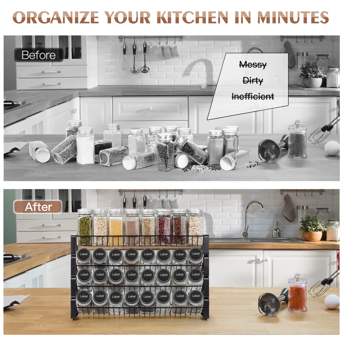 JONYJ 4 Tier Stackable Seasoning Rack Organizer, Detachable Countertop Spice Jar Rack for Cabinet, Freestanding , Black Frosted Iron Kitchen Counter Shelf