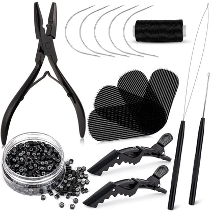 NEWISHTOOL Hair Extension Tool Kit - Silicone Micro Beads, Stainless Steel Beads Plier, Metal Bead Threader and Needle Pulling Hook for Beading Hair Extensions, Girls Cosplay Party Hair Styling Tool