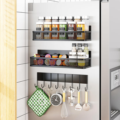 Magnetic Spice Rack for Refrigerator, 4 Pack Magnetic Shelf, Fridge Magnet Organizer with Moveable 8 Hooks, Magnetic Fridge Shelf for Kitchen Organization and Storage (4 Pack)