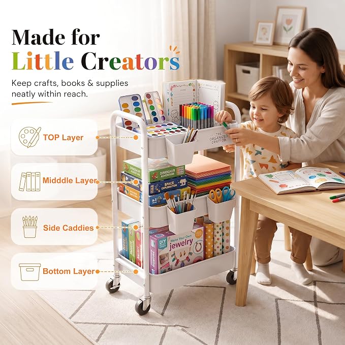 3 Tier Rolling Cart Metal with Wheels, White Three Tiered Storage Cart on Wheels, Utility Trolley Carts Organizer for Kitchen Storage, Pantry, Snack, Craft, Art, Lash, Makeup, Bathroom, Dorm Supply