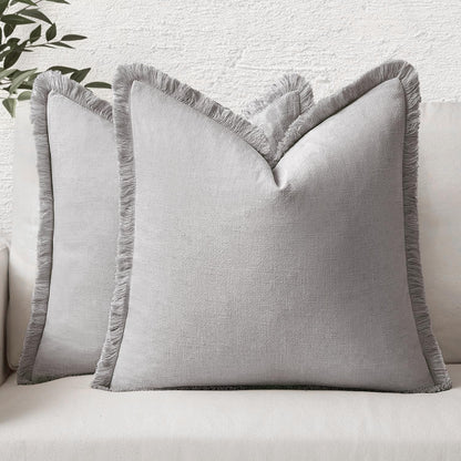 MIULEE Christmas Decorative Throw Pillow Covers Neutral Linen Fringe Fall Throw Pillows Set of 2 Natural Beige Boho Farmhouse Cushion Covers with Tassels for Couch Sofa Bed Home Decor 20x20 Inch