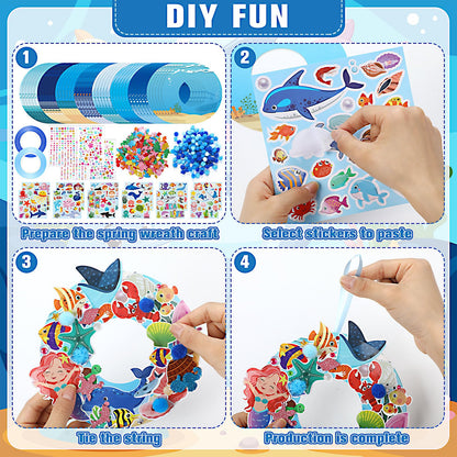 Hollowfly 48 Sets Summer Ocean Wreath Craft Kits DIY Under The Sea Wreath Hanging Ornaments Ocean Make Your Own Paper Craft with Stickers for Home Summer Sea Beach Party Favors Activities