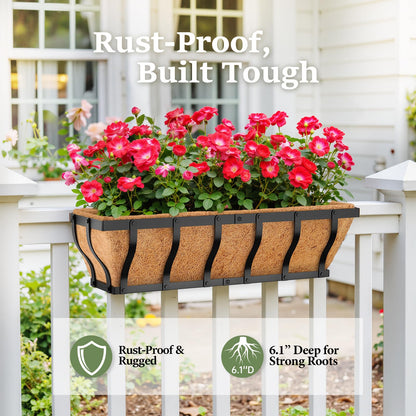 VOXOR Railing Planter Boxes, Heavy Duty Window Box Planters, Adjustable Balcony Planters for Railing Hanging, with Coco Liner & Support Rod for Deck, Porch, and Patio Gardening (2 Pack, 24 Inch)
