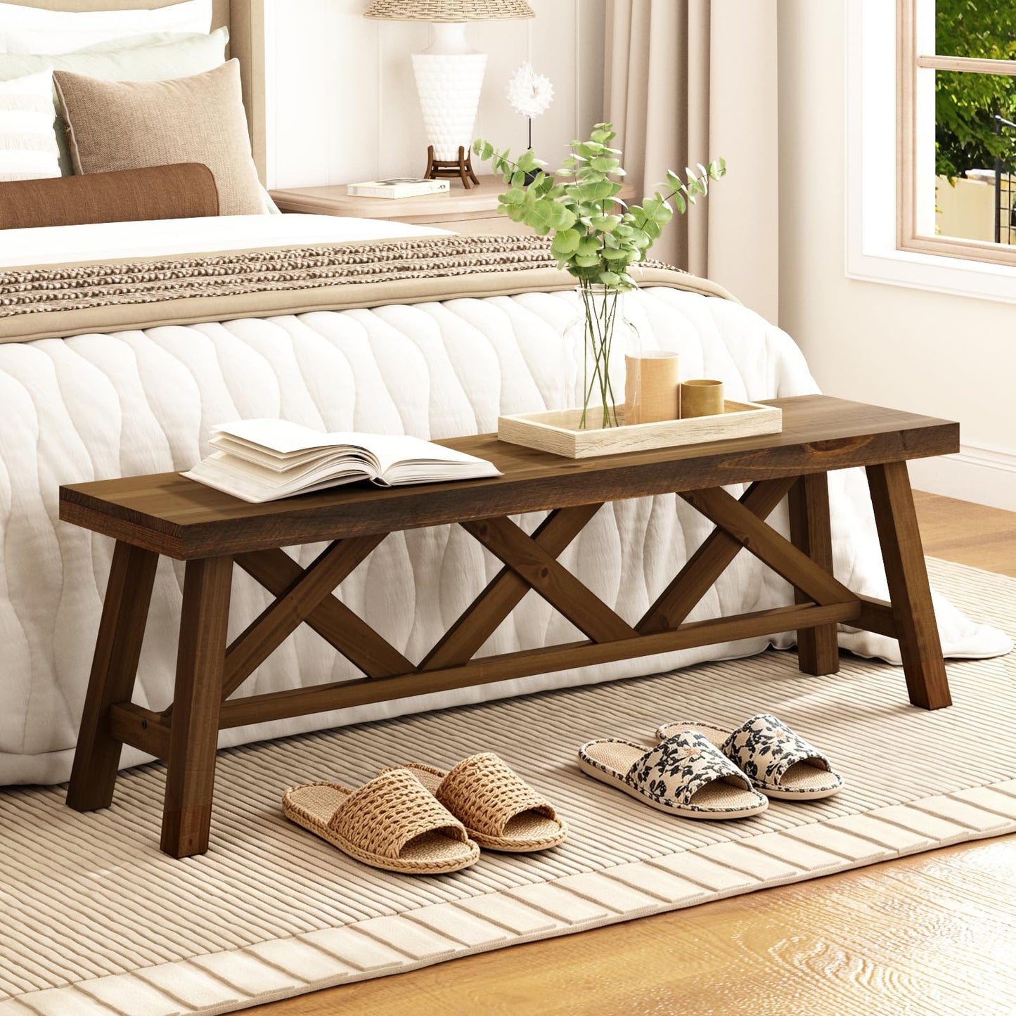 Wnutrees 30"& 54" Farmhouse Wood Bench (2 PCS), Rustic Solid Wood Entryway Benches Seat with Double X-Structure for Dining Area Living Room Hallway Natural