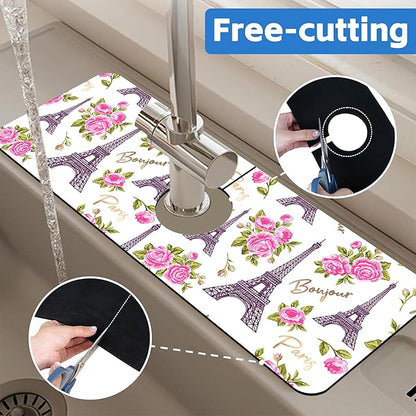 Romantic Eiffel Tower Roses Kitchen Sink Splash Guard Mat Absorbent Fast Drying