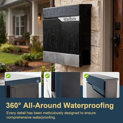 Modern Black Mailbox Wall Mount for Outside, Large Locking Security Key Drop Mail Box, Heavy Duty Galvanized Steel Post Box for House, Weatherproof Collection Box (14.57"x14")