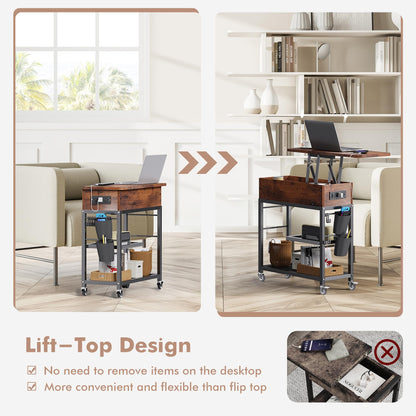 Colima Lift Top End Table with Charging Station and Wheels, Sofa Side Table with USB Port & AC Outlets, Movable Bedside Nightstand with Side Bag for Office Living Room Bedroom(Rustic Wood)