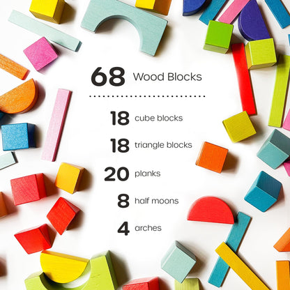 Quiggly Montessori Wooden Rainbow Building Blocks - 68 Pc STEM Toy Set