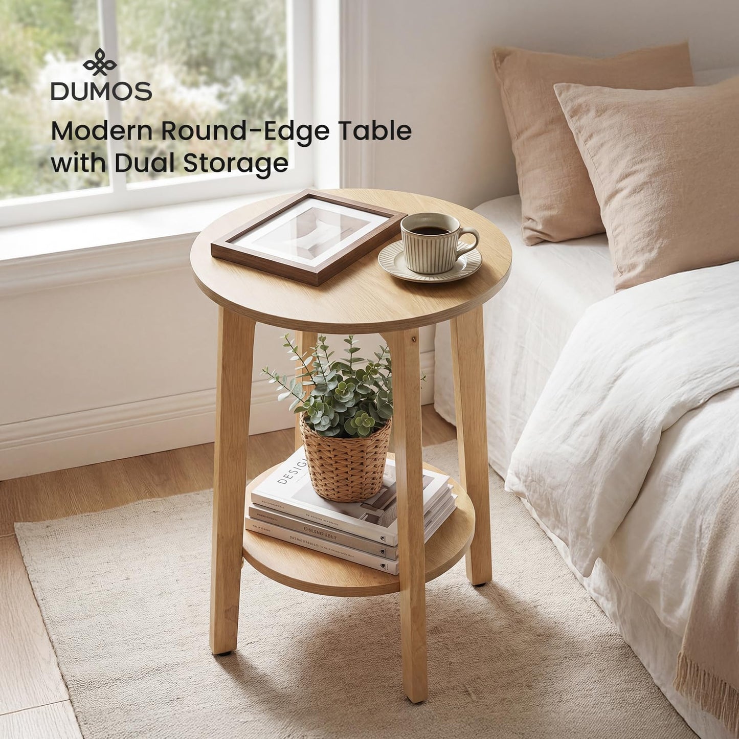 DUMOS Bedside End Table for Small Spaces, 2-Tier Boho Accent Side Table with Storage Shelf, 15.8" Wood Modern Nightstand for Living Room, Bedroom, Home Office, Natural Wood
