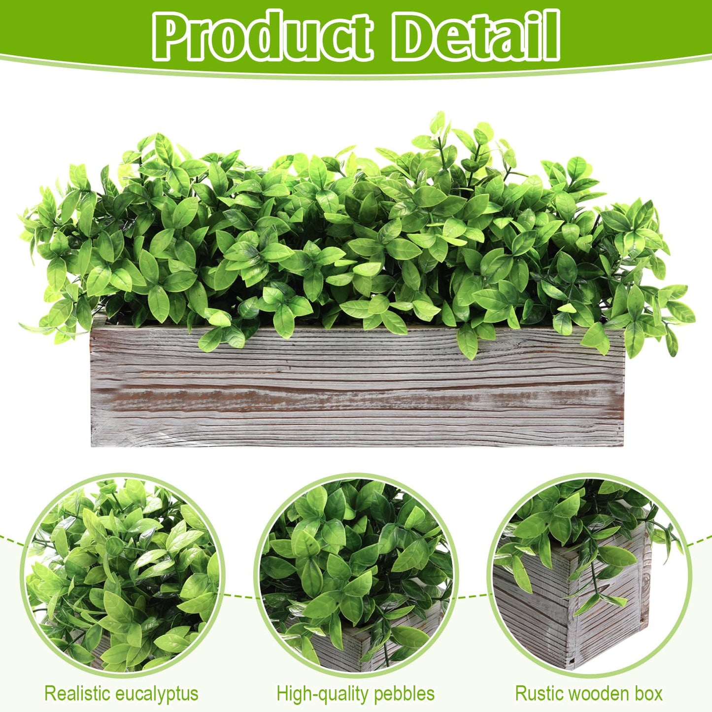 Lyrow 2 Pack Artificial Eucalyptus Plants in Rectangular Rustic Wooden Planter Box Faux Potted Herb Plant Greenery Centerpiece for Cabinet Windowsill Table Shelf Wedding Farmhouse Decor (White,16 '')