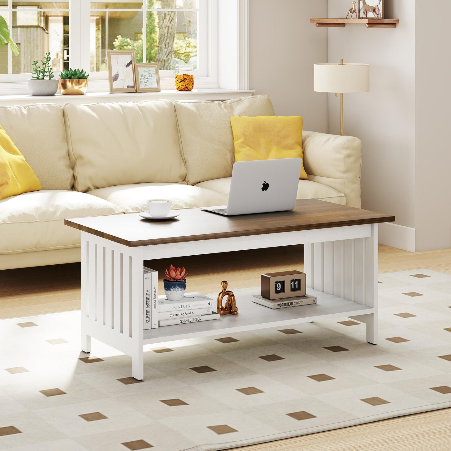 YOSHOOT 39.4" Farmhouse Coffee Table, Small Coffee Tables for Living Room