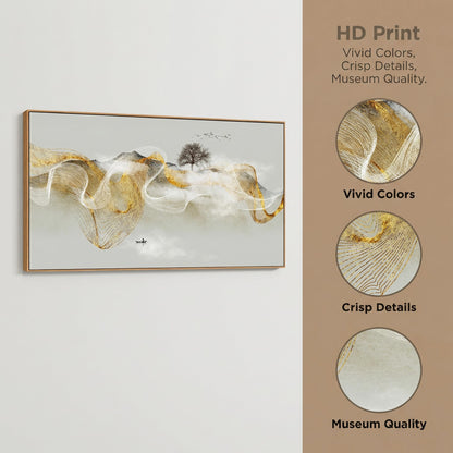 HUADAOART Wall Art Modern Zen Light Luxury Natural Landscape with Golden and White lines Background Wall Decor Canvas Prints for Living Room Bedroom 20x40 Inches (Framed)