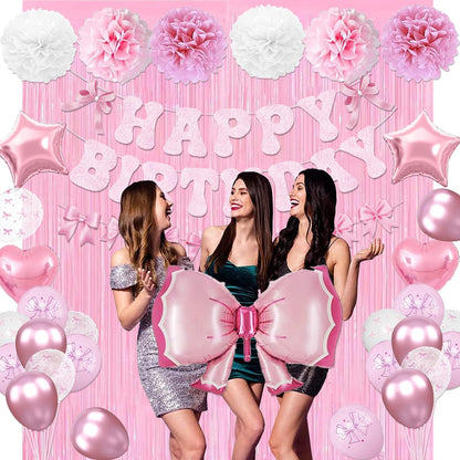 Pink Bow Birthday Party Decorations, Bow Theme Happy Birthday Banner Fringe Curtain Tissue Pom poms Garland Balloons for Women Girls Bday Party Supplies (Macaron Pink)