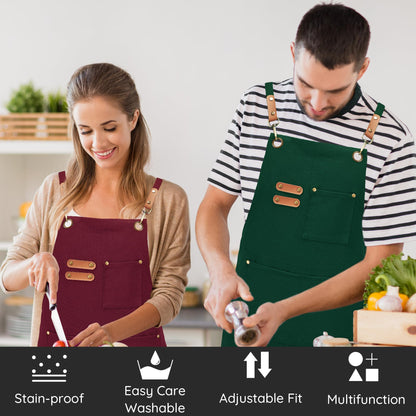 FunChaos Canvas Aprons, Chef Aprons, Work Aprons for Men Women, Adjustable Strap Aprons with 3 Pockets, Apron for Servers Kitchen Cooking Baking Artist Painting, Cross Back