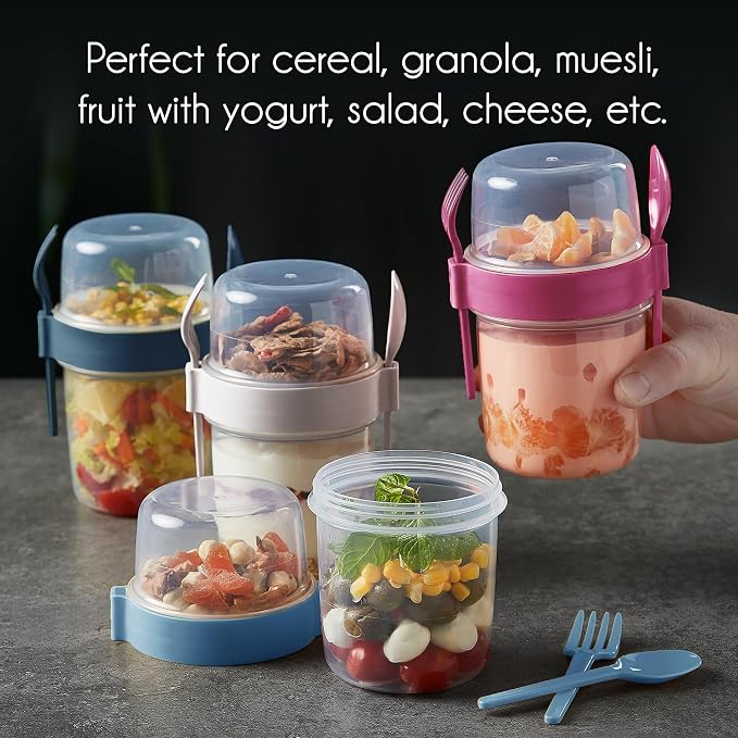 Crystalia 4 Pack 22 oz On The Go Yogurt Parfait Cups with Lids & Spoons - Overnight Oats Containers, Take and Go Reusable Cup with Topping Cereal or Oatmeal Container, Colorful
