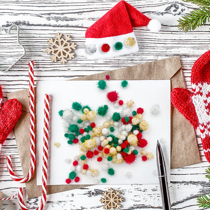 Lusy DM 1200 Pieces Christmas Pom Pom Glitter Pom Pom Balls Christmas Tinsel pom pom for Craft Making and Hobby Supplies (4 Sizes, Gold, White, Red, Green)