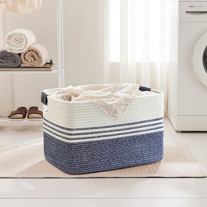86L Extra Large Laundry Basket with Leather Handles for Living Room Storage, Woven Rope Baskets for Blanket, Kids Toy, Gifts, Wicker Hamper for Bedroom Dirty Clothes, 24"x16"x14" Denim Blue