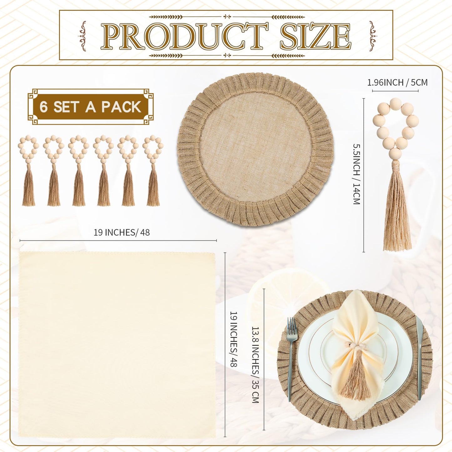 Gejoy 18 Pcs Round Burlap Placemats Wood Bead Napkin Rings with Dinner Napkins Cloth, Jute Heat Resistant Placemats Boho Wooden Rings for Plates Wedding Dining Table