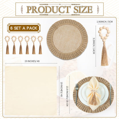 Gejoy 18 Pcs Round Burlap Placemats Wood Bead Napkin Rings with Dinner Napkins Cloth, Jute Heat Resistant Placemats Boho Wooden Rings for Plates Wedding Dining Table