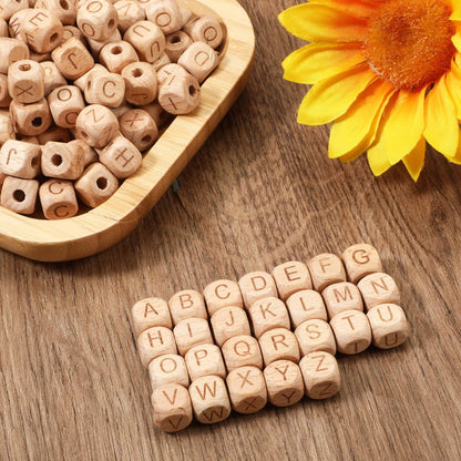 260pcs Wood Letter Beads for Bracelets 12mm Natural Square Wooden Beads A-Z Sorted Wooden Loose Letter Bead Cube Bead Bulk for Jewelry Bracelet Making