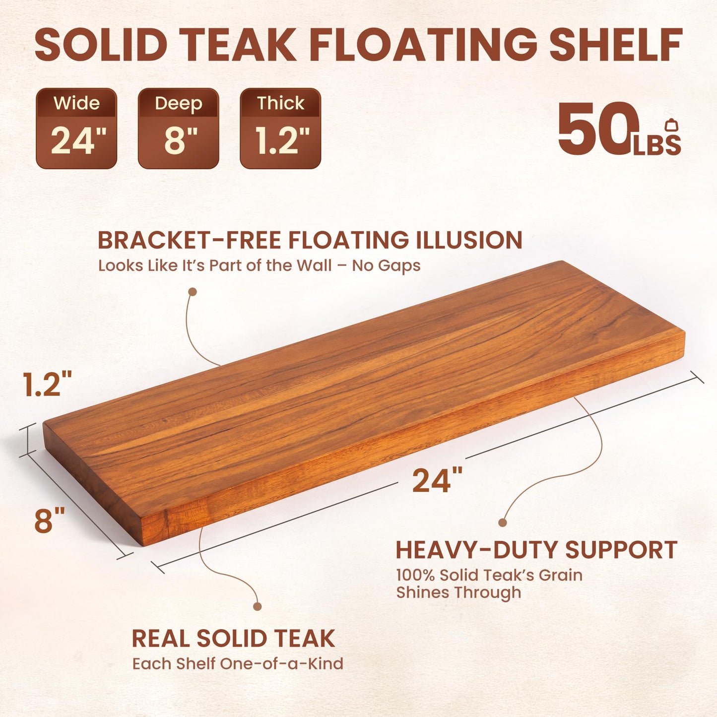 Realgulf 24 Inch Teak Floating Shelves Set of 2 - Solid Natural Wood Wall Mounted Shelves with Invisible Brackets - Heavy Duty Waterproof Storage for Bathroom, Kitchen, Living Room & Outdoor
