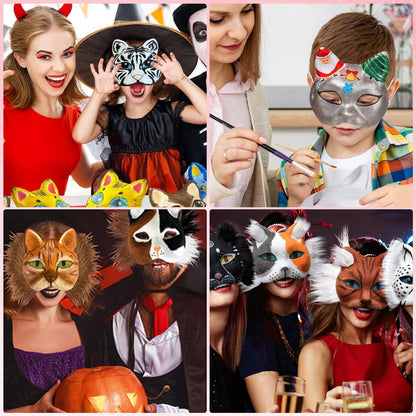 Bayurht Therian Masks Kit—DIY Cat Fox Furry Mask Craft Set, Paintable Animal Costume Furry Mask with Felt Fur, Eye Meshes & Gem Stickers for Halloween, Cosplay, Party