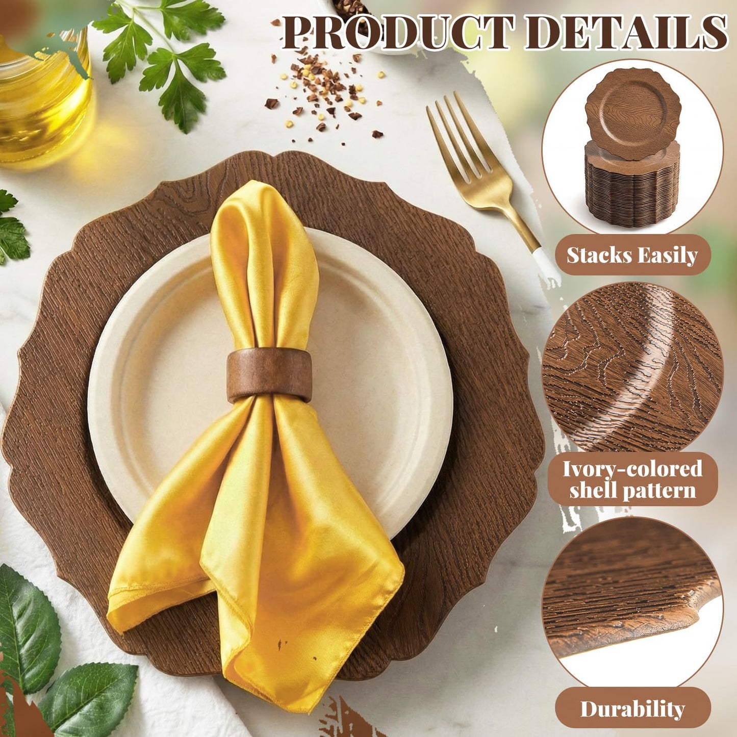 Havawish 6 Set 13" Rustic Brown Wooden Textured Acrylic Charger Plates with Handmade Acacia Wood Napkin Ring, Farmhouse Round Charger with Scalloped Rim for Dining Weddings Party Table Decor