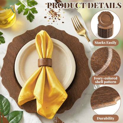 Havawish 6 Set 13" Rustic Brown Wooden Textured Acrylic Charger Plates with Handmade Acacia Wood Napkin Ring, Farmhouse Round Charger with Scalloped Rim for Dining Weddings Party Table Decor
