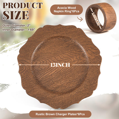 Havawish 6 Set 13" Rustic Brown Wooden Textured Acrylic Charger Plates with Handmade Acacia Wood Napkin Ring, Farmhouse Round Charger with Scalloped Rim for Dining Weddings Party Table Decor