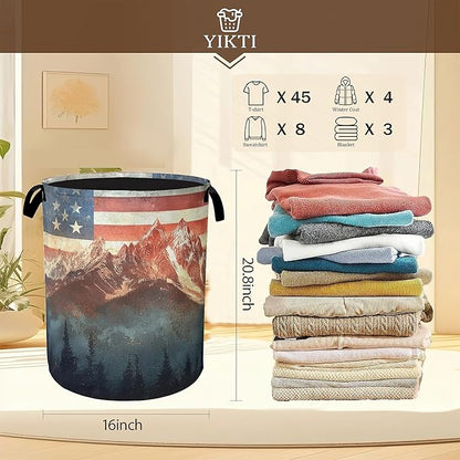 Vintage American Flag Laundry Hamper, Forest Mountain Clothes Hamper