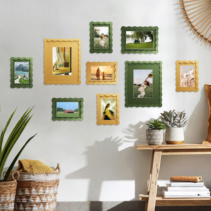 THKRLOF 8x10 Picture Frame with Mat for 5x7, Wavy Edge Wooden Real Glass Photo Frame for Tabletop and Wall Hanging, Green, 1 Pack