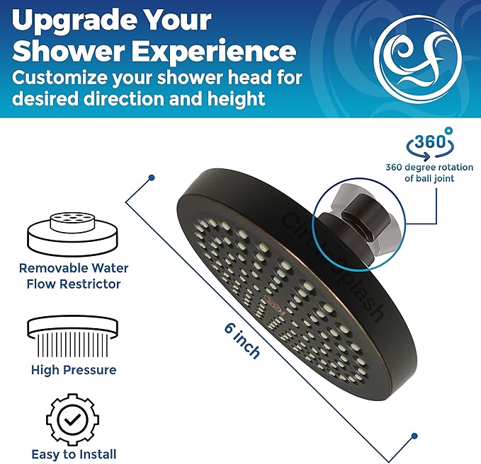 High Pressure Shower Head - Anti-Clogging Silicone Nozzles 2.5 GPM Removable Restrictor - Easy to Clean and Install - Includes Plumbers Tape - 6 inch - (Oil Rubbed Bronze 2.5GPM)