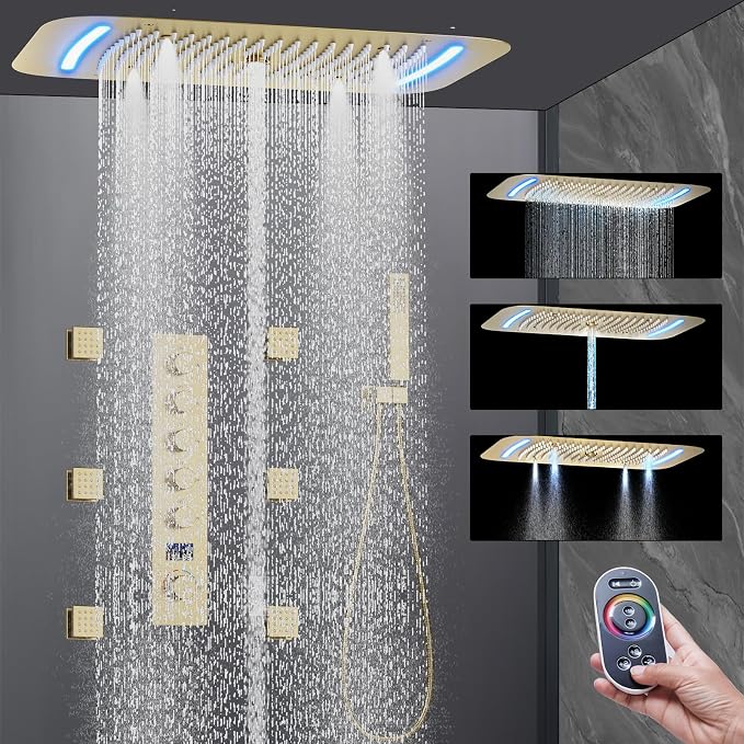 AYIVG Brushed Gold 16 x 26 Inch Full Body Thermostatic Rainfall Shower System 64 Color LED Rainfall Luxury Shower Head System with 6 Spray Jets Ceiling Mount Rain Temperature Display Shower Faucet Set