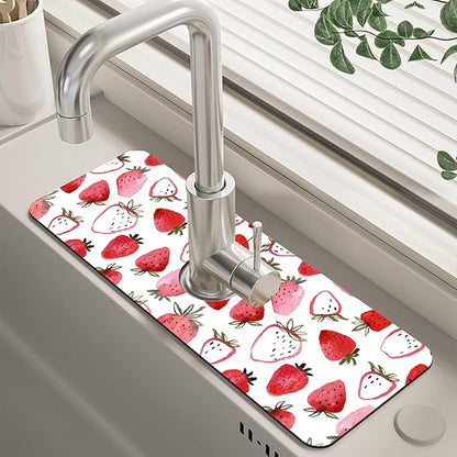 Watercolor Strawberry Kitchen Sink Splash Guard Mat Absorbent Fast Drying Mat