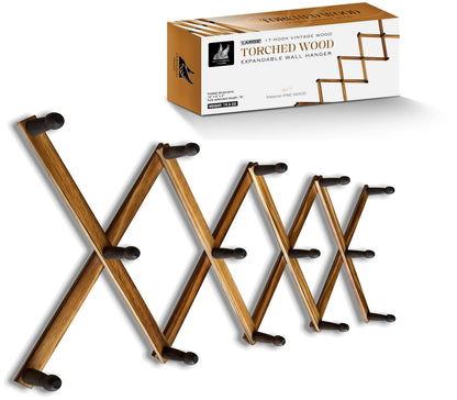 Expandable Wooden Coat Rack Hanger - Large Accordion Hanger with Expanding Pegs | Hand Made Rustic Wooden Hat Rack for Wall | Hang Coat, Jacket, Hat | Wall Rack – 14 Hook, Torched Wood