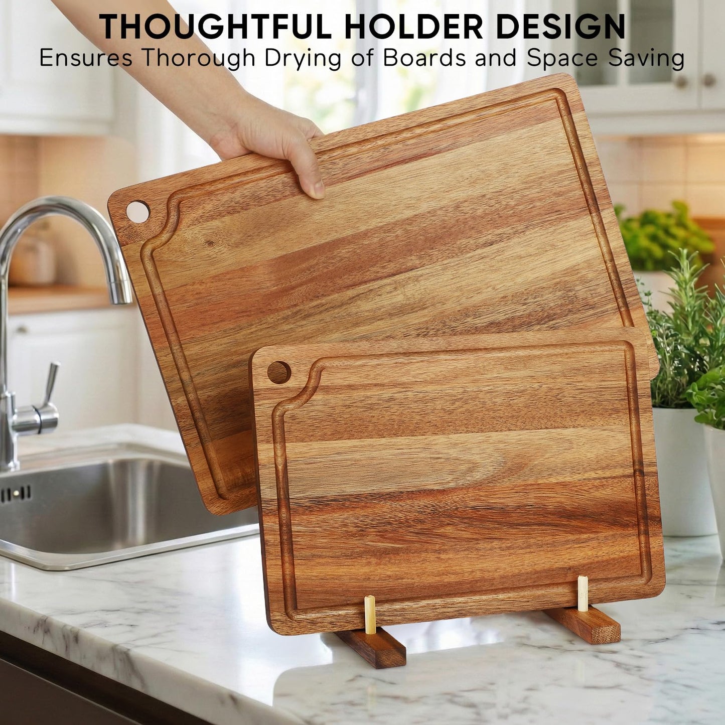 Acacia Wood Cutting Board Set of 2 with Storage Stand,Wooden Chopping Boards with Drying Holder， Deep Juice Grooves & Hanging Holes, Reversible Charcuterie Boards, Housewarming Gift