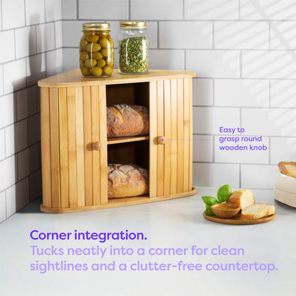 Klee Wooden Bread Box | Bamboo Bread Holder | Corner Bread Keeper Storage Box, Fully Assembled Large