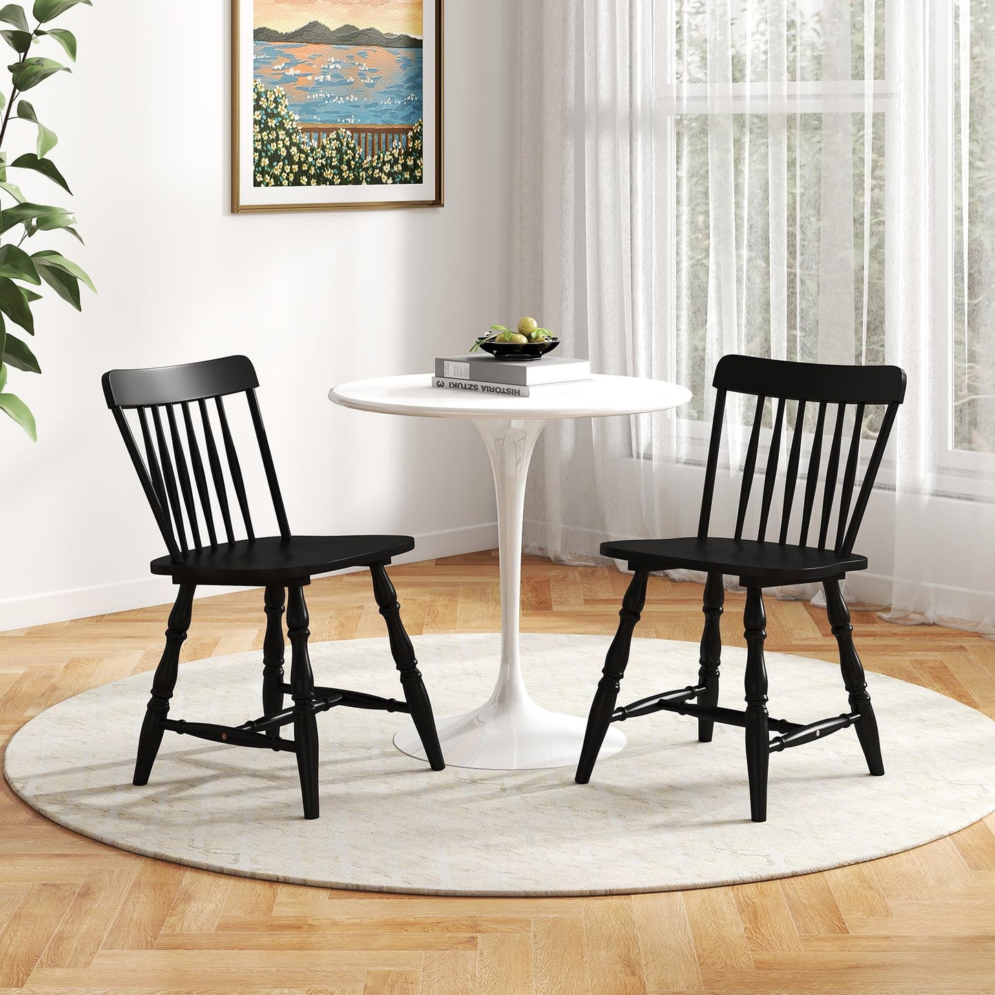 Giantex Black Windsor Dining Chairs Set of 2, Farmhouse Rubber Wood Kitchen Chairs with Turned Legs, Curved Spindle Back & Contoured Sat, Wooden Dining Room Chair for Living Room Restaurant