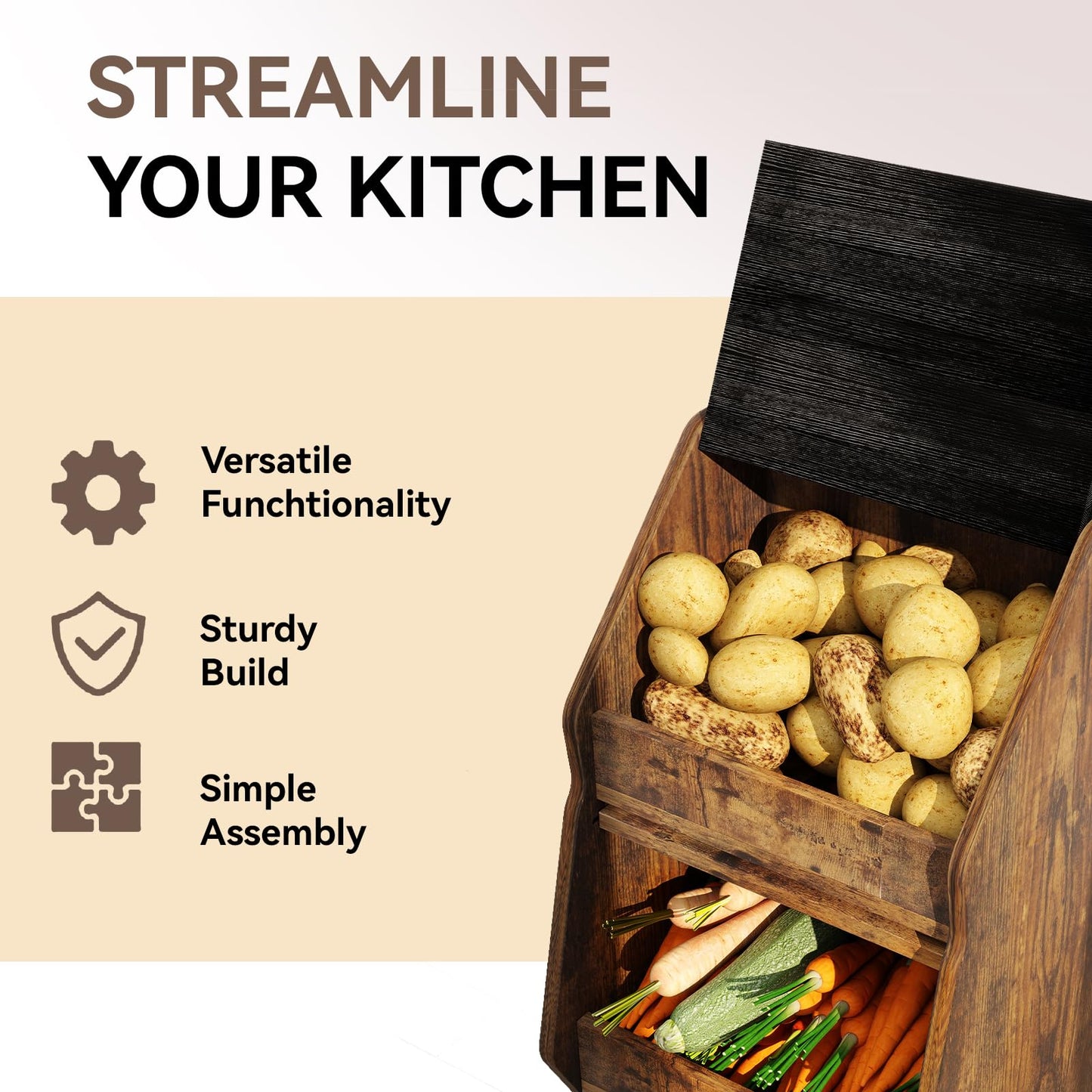 ARTETHYS Potato Storage Bin Movable Bread Box with Lid Rustic and Wheels Onion Organizer with Grocery Section Decorative Vegetable Organization Cabinet for Kitchen