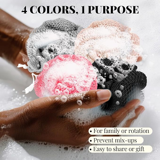 African Net Sponge Authentic-4 Packs African Exfoliating Net Sponge,Bath Sponges for Shower,42 inch Long for Normal to Sensitive Skin,Body Exfoliator Shower(Pink,Neon Pink,Light Gray,Black)