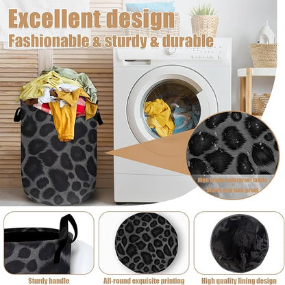 Grey Black Leopard Print Laundry Basket, Foldable Animal Leopard Laundry Hamper