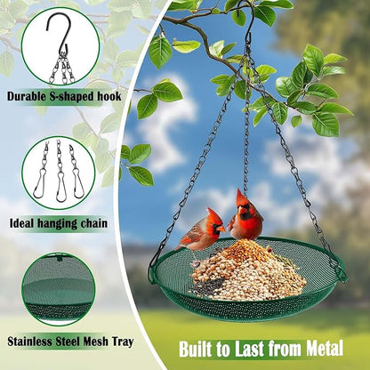 Hanging Bird Feeder for Outdoors – 12 in Platform Bird Feeder, Metal Mesh Seed Tray for Wild Birds, Green