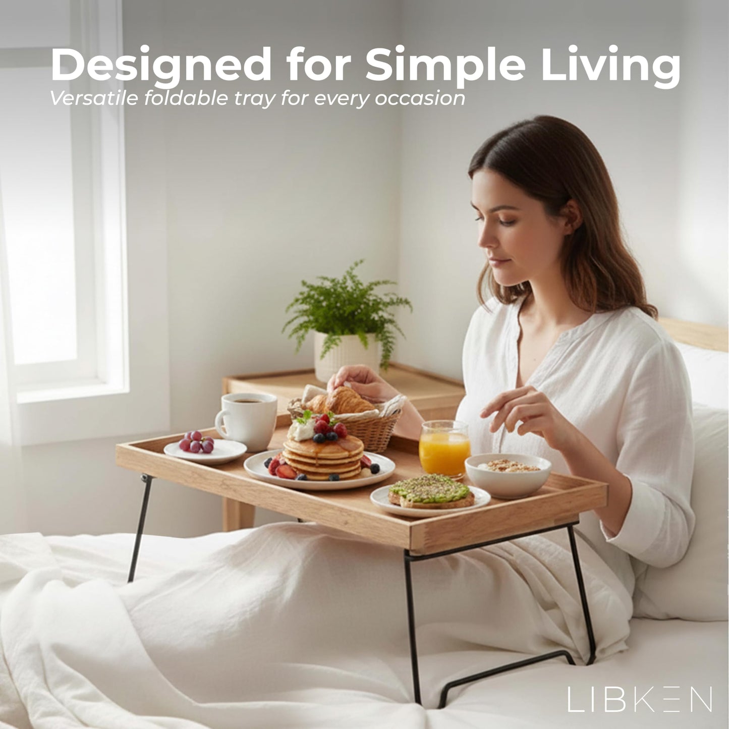 Libken Rubberwood Serving Tray with Foldable Legs – Minimal Scandinavian Design Bed Tray Table – Elegant Wooden Breakfast in Bed Tray, Food Serving Tray for Eating, Snacks, Reading & Laptop Use