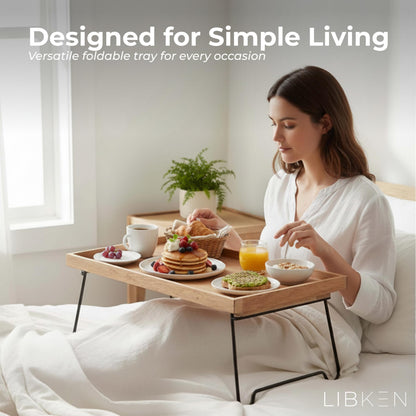 Libken Rubberwood Serving Tray with Foldable Legs – Minimal Scandinavian Design Bed Tray Table – Elegant Wooden Breakfast in Bed Tray, Food Serving Tray for Eating, Snacks, Reading & Laptop Use